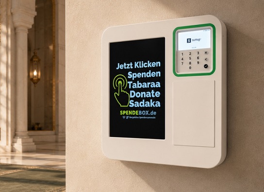 Digitale Spendensäule mit Wandmontage für bargeldlose Spenden in Vereinen, Kirchen und Moscheen – 10 Zoll Display, kontaktloses Bezahlen